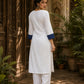 Minimal White Cotton Kurta with Navy Ikat Centre Panel & Coordinated Cuff Detail
