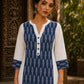 Minimal White Cotton Kurta with Navy Ikat Centre Panel & Coordinated Cuff Detail