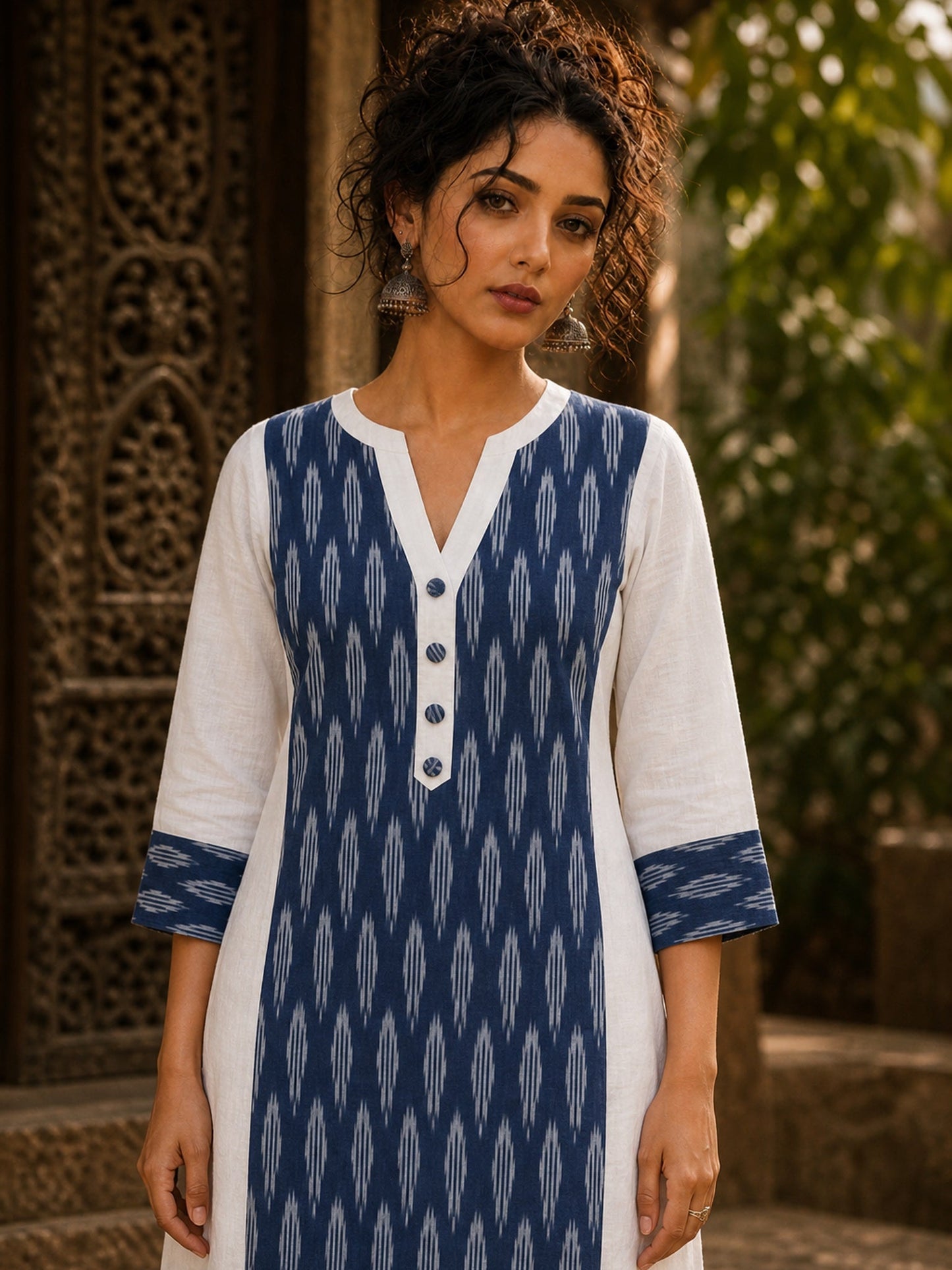 Minimal White Cotton Kurta with Navy Ikat Centre Panel & Coordinated Cuff Detail