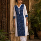 Minimal White Cotton Kurta with Navy Ikat Centre Panel & Coordinated Cuff Detail