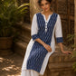 Minimal White Cotton Kurta with Navy Ikat Centre Panel & Coordinated Cuff Detail