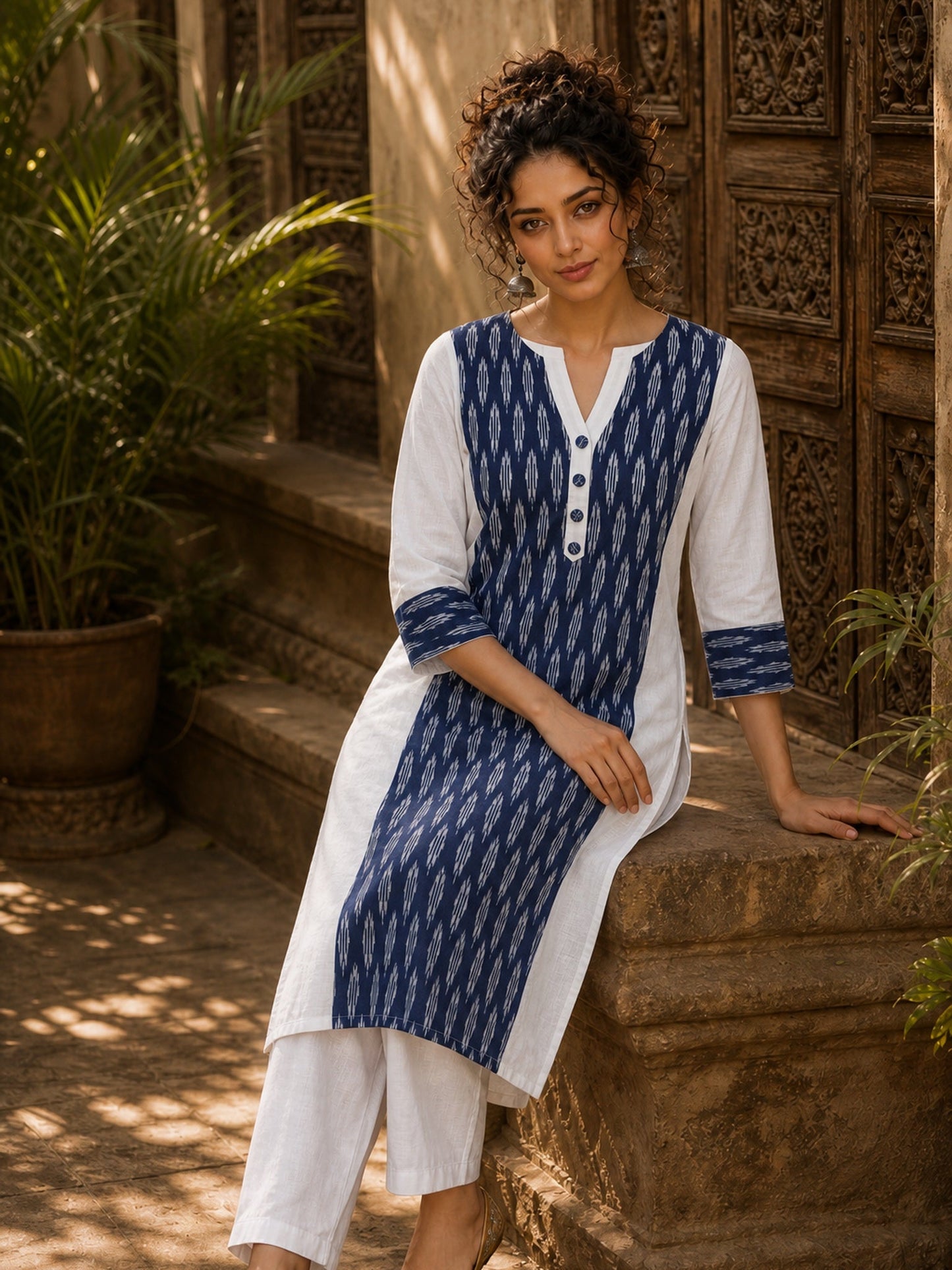 Minimal White Cotton Kurta with Navy Ikat Centre Panel & Coordinated Cuff Detail