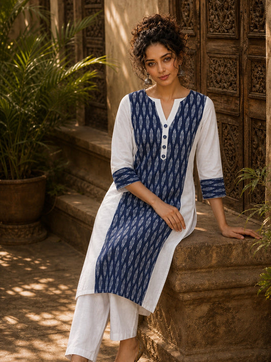 Minimal White Cotton Kurta with Navy Ikat Centre Panel & Coordinated Cuff Detail