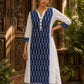Minimal White Cotton Kurta with Navy Ikat Centre Panel & Coordinated Cuff Detail