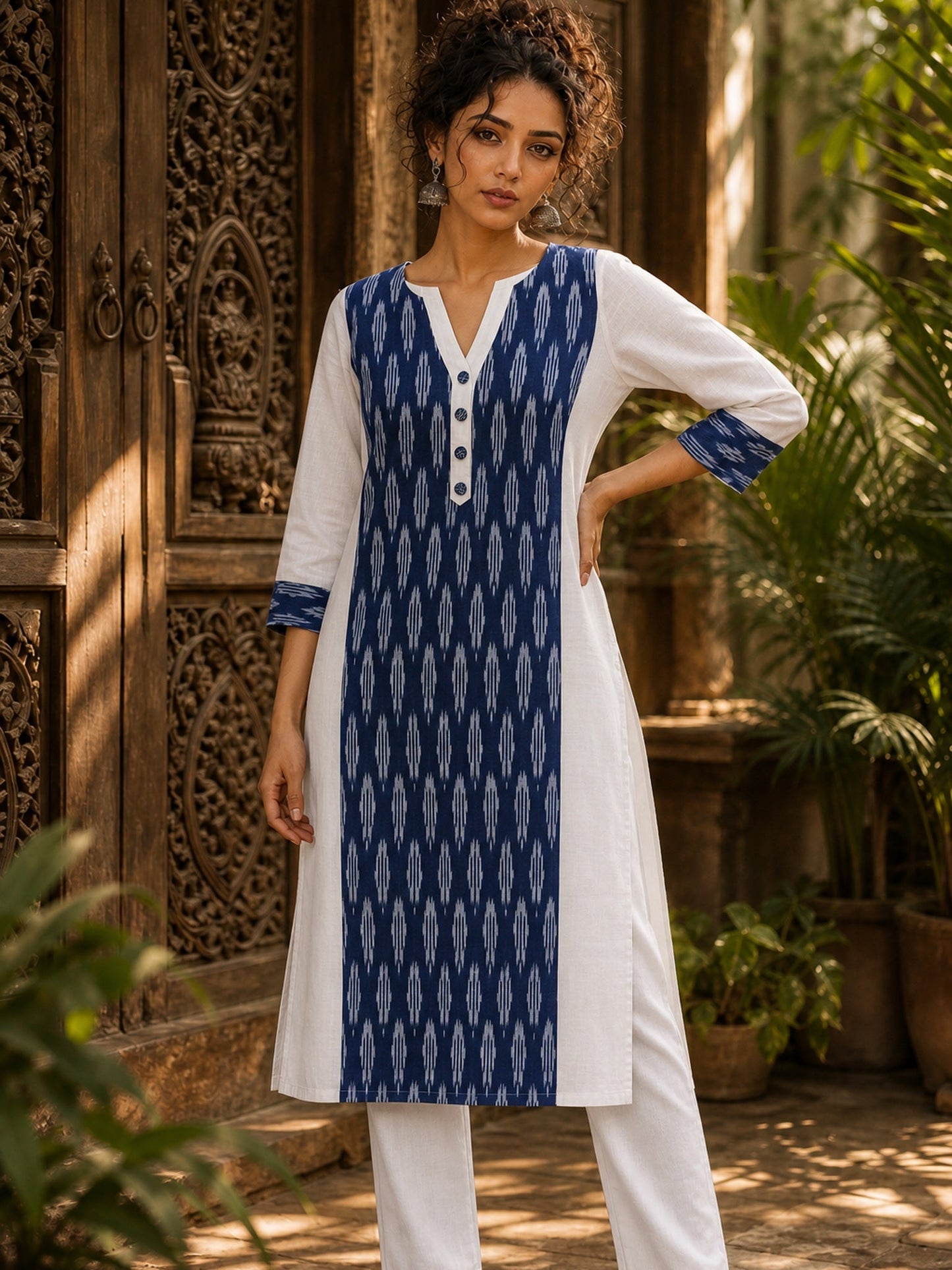 Minimal White Cotton Kurta with Navy Ikat Centre Panel & Coordinated Cuff Detail