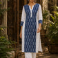 Minimal White Cotton Kurta with Navy Ikat Centre Panel & Coordinated Cuff Detail