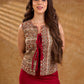 Rustic Beige Ethnic Print Cotton Sleeveless Cropped Jacket with Tassel Front Tie