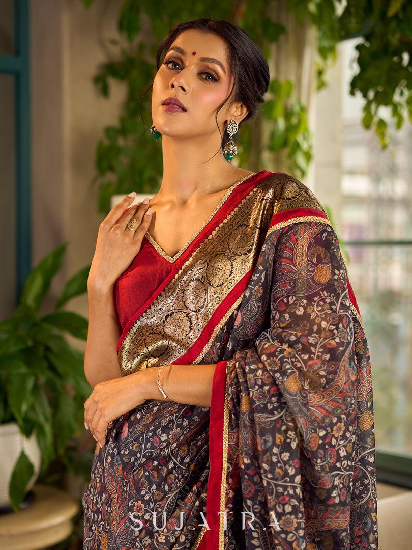 Flourishing Dark Grey All-Over Kalamkari Floral Chanderi Saree with Gold Woven Zari Border & Maroon Hem Accent