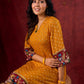 Marigold Yellow Bandhani Asymmetrical Kurta with Kalamkari Accents and Minimal Embellishments