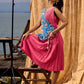 Rose Pink Pleated Wrap Dress with Embroidered Blue Panel