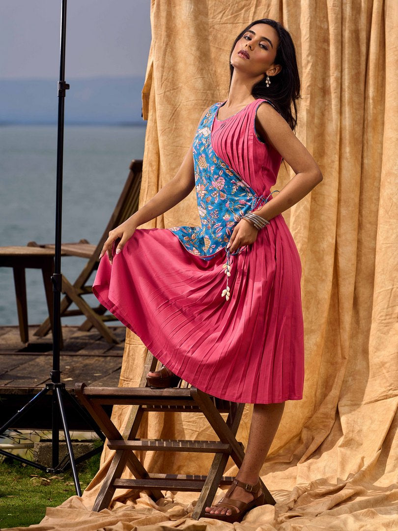 Rose Pink Pleated Wrap Dress with Embroidered Blue Panel