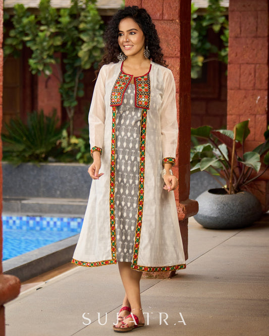 Minimalist Grey Ikat Sleeveless Dress  - Mirror Work Jacket Additional