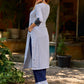 chic blue striped kurta adorned with peeking ajrakh accents on the pocket and sleeves.