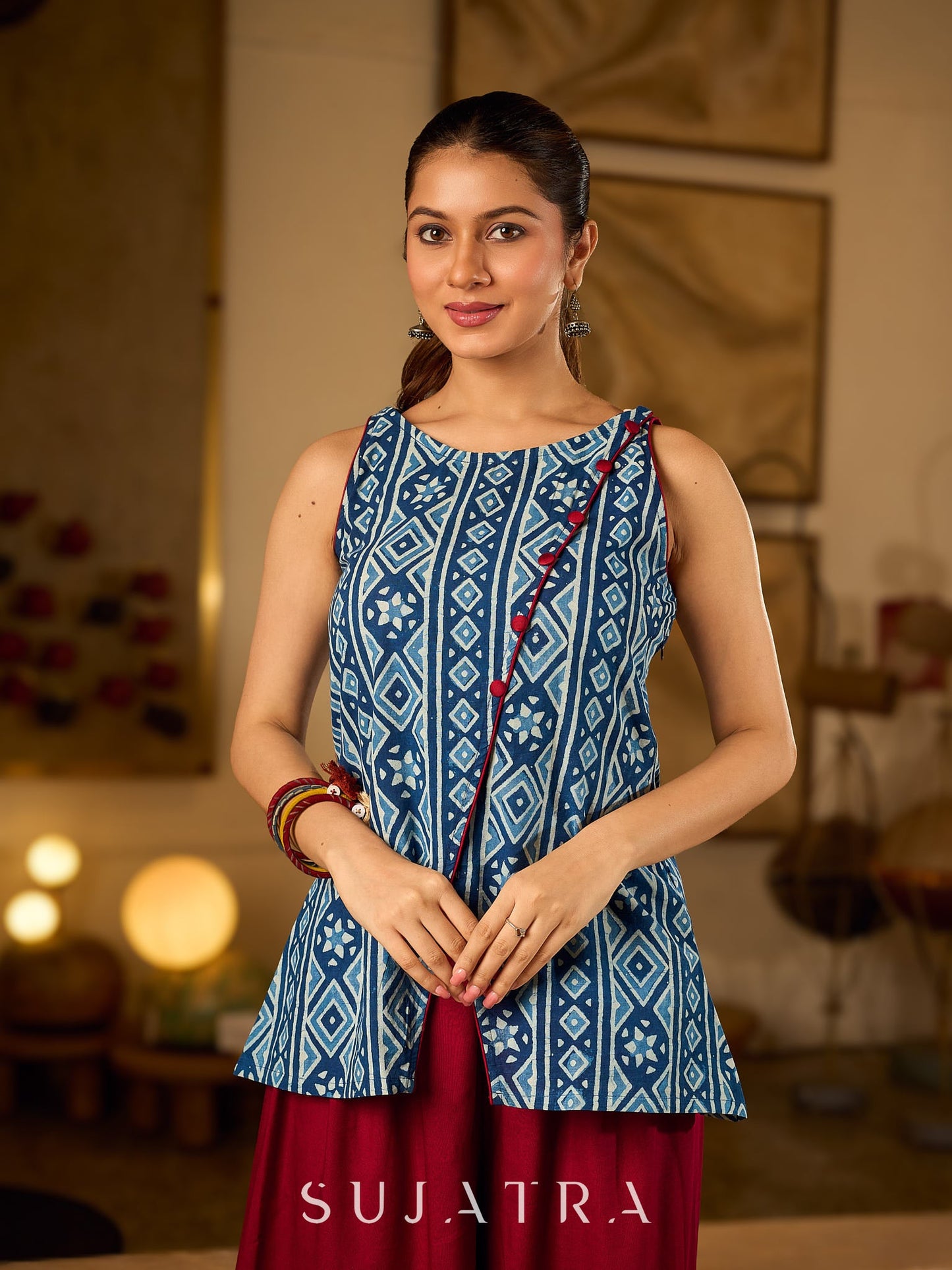 Elegant Indigo Geometric Cotton Top With An Asymmetrical Overlap Front and Maroon Highlights