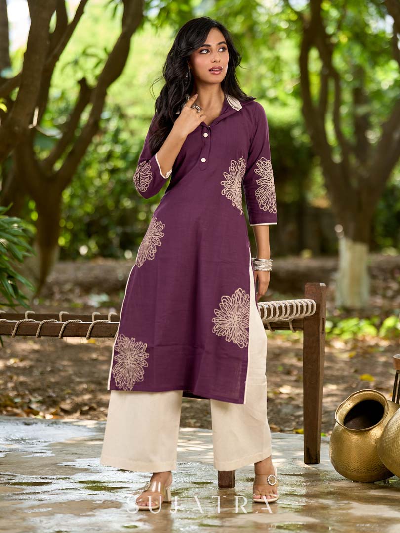 Timeless Purple Cotton Kurta with Statement Floral Hand Block Print