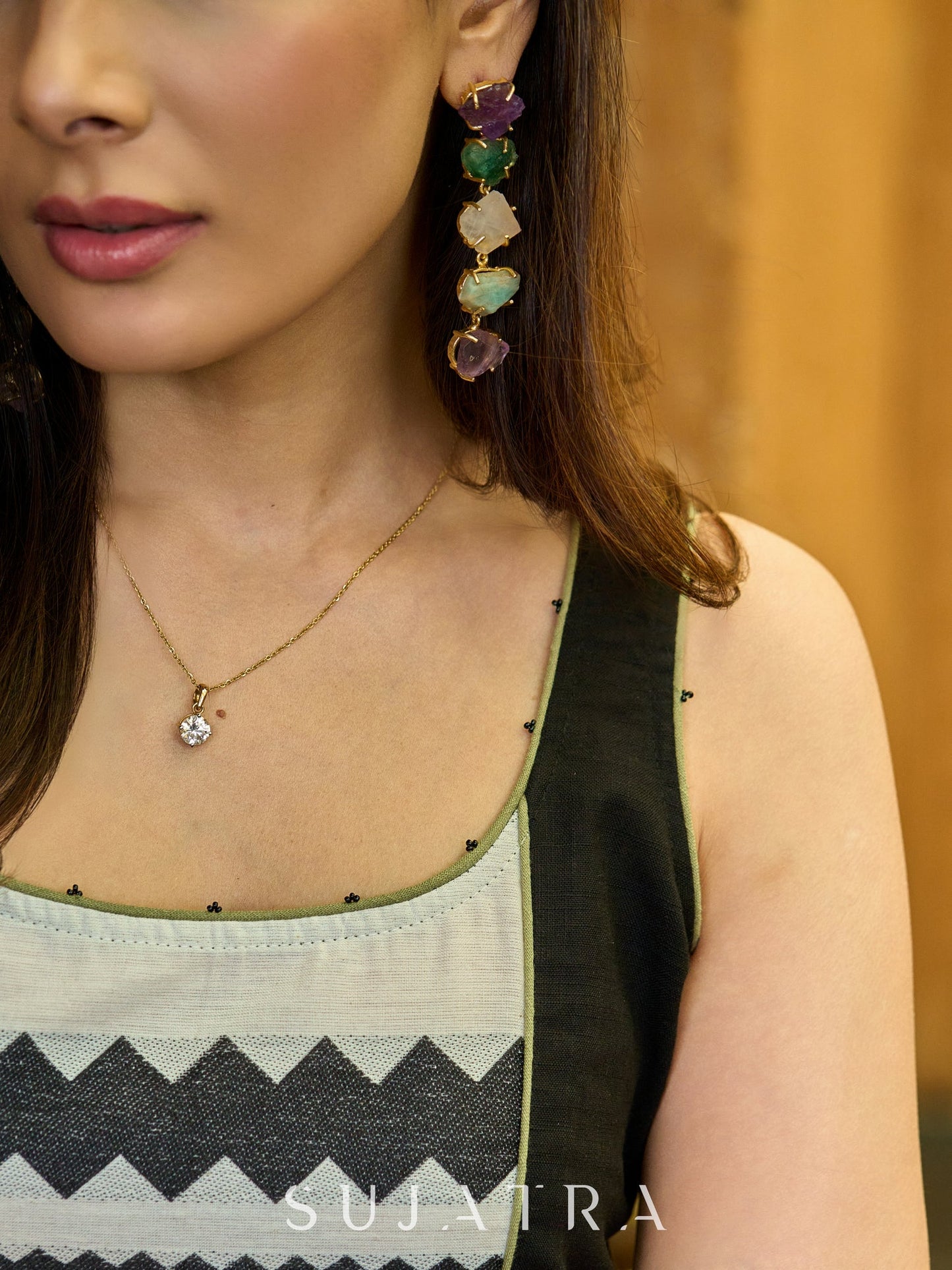 Handwoven Black & Green Jamdani Sleeveless Panel Dress with Subtle Detailing