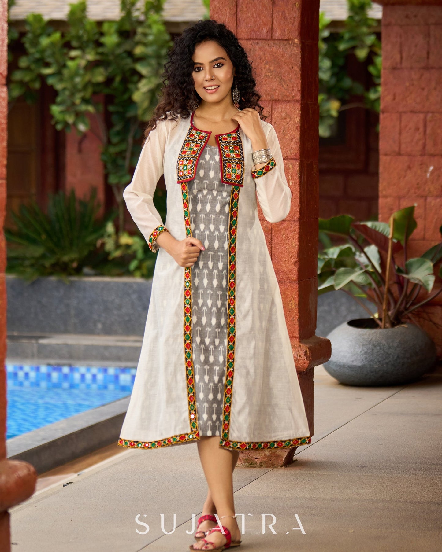 Minimalist Grey Ikat Sleeveless Dress  - Mirror Work Jacket Additional