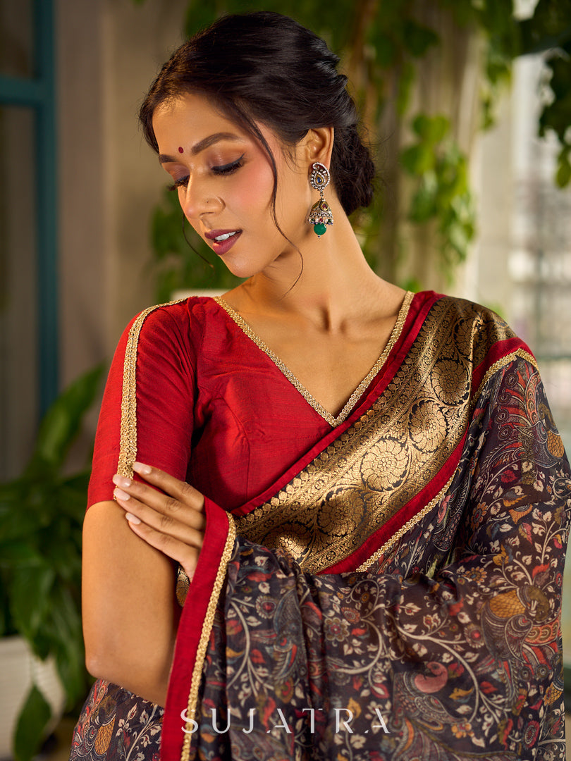 Flourishing Dark Grey All-Over Kalamkari Floral Chanderi Saree with Gold Woven Zari Border & Maroon Hem Accent