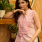 Pretty Pastel Pink Cotton Top with Pearl Embellished Frilled Yoke and Kantha Embroidery