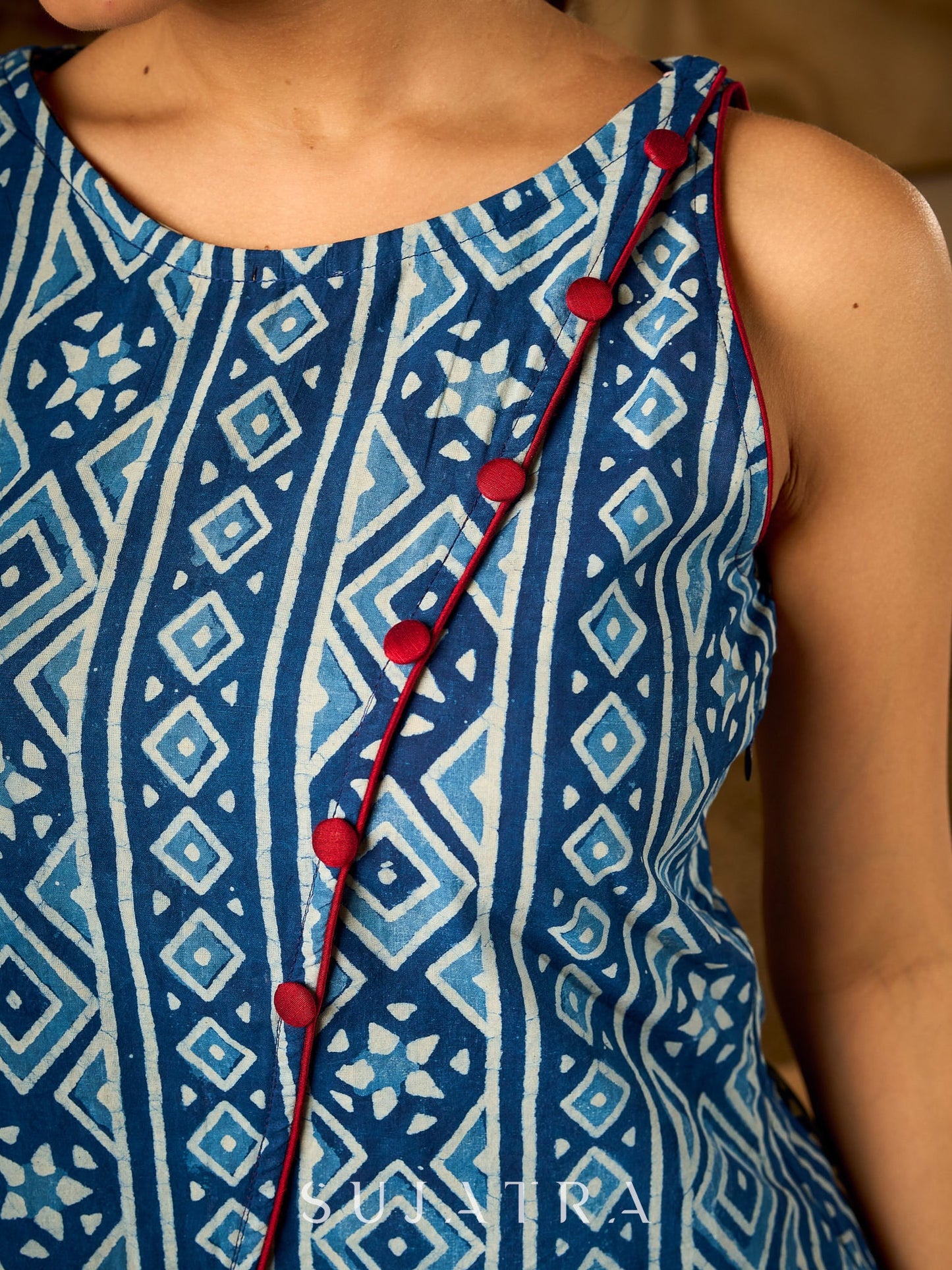 Elegant Indigo Geometric Cotton Top With An Asymmetrical Overlap Front and Maroon Highlights