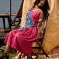Rose Pink Pleated Wrap Dress with Embroidered Blue Panel
