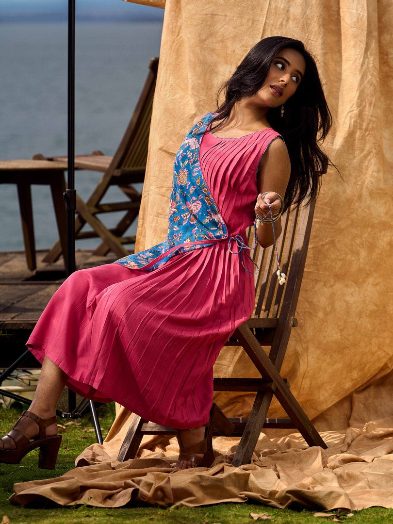Rose Pink Pleated Wrap Dress with Embroidered Blue Panel