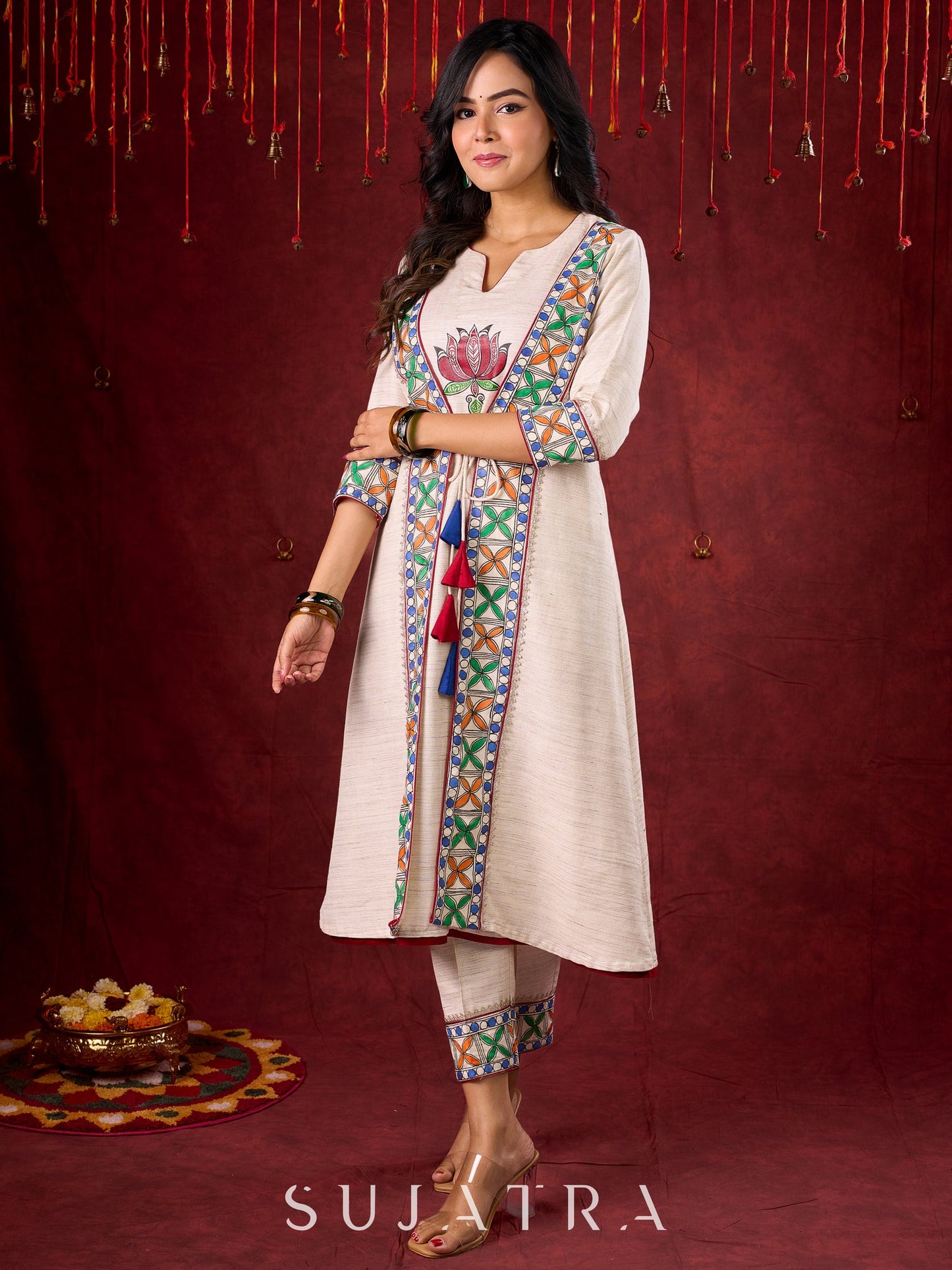 Ivory Handloom Jacket-Style Kurta with Hand Painted Madhubani & Gond Detailing