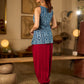 Elegant Indigo Geometric Cotton Top With An Asymmetrical Overlap Front and Maroon Highlights