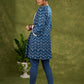Boho Chic Indigo Blue Shrug With Vibrant Print & Whimsical Laces