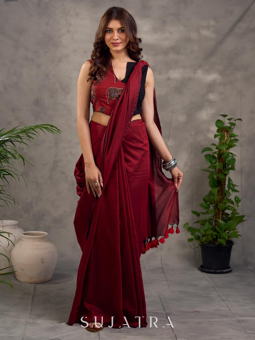 Rich Black Maroon Cotton Silk Overlapping Sleeveless Blouse with Ajrakh Animal Print
