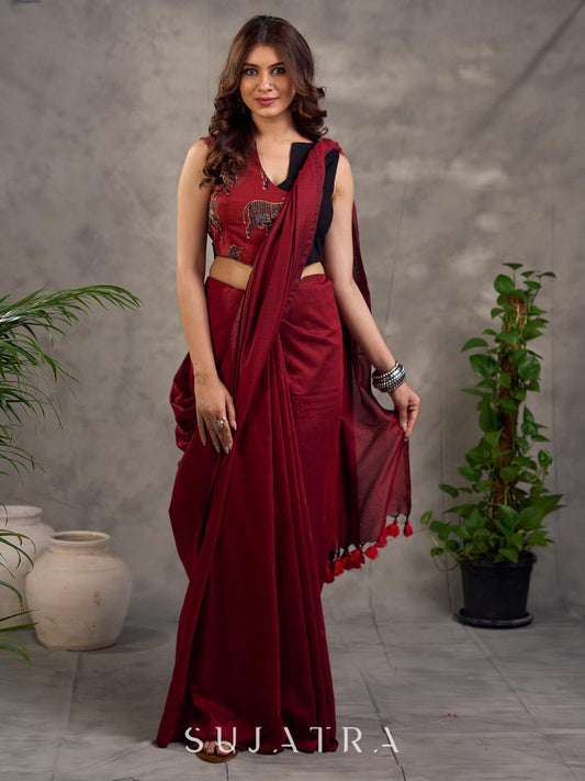 Rich Black Maroon Cotton Silk Overlapping Sleeveless Blouse with Ajrakh Animal Print