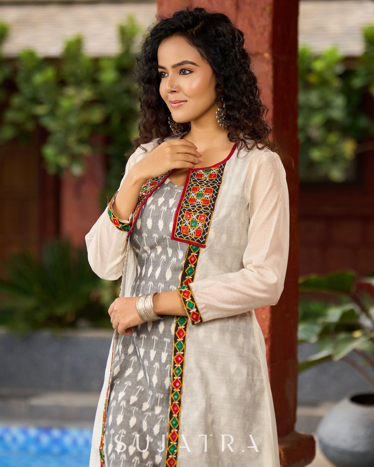 Minimalist Grey Ikat Sleeveless Dress  - Mirror Work Jacket Additional