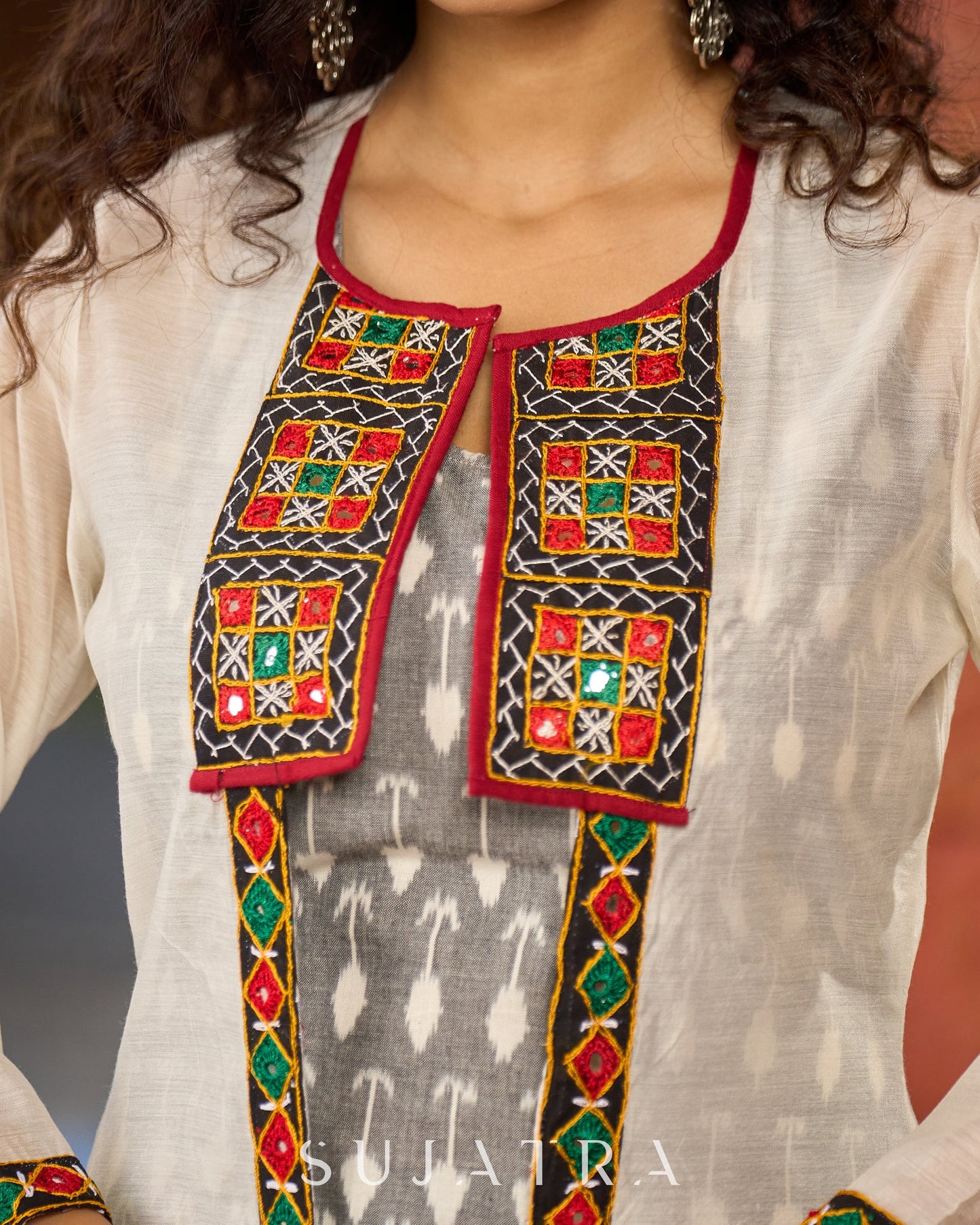 Minimalist Grey Ikat Sleeveless Dress  - Mirror Work Jacket Additional