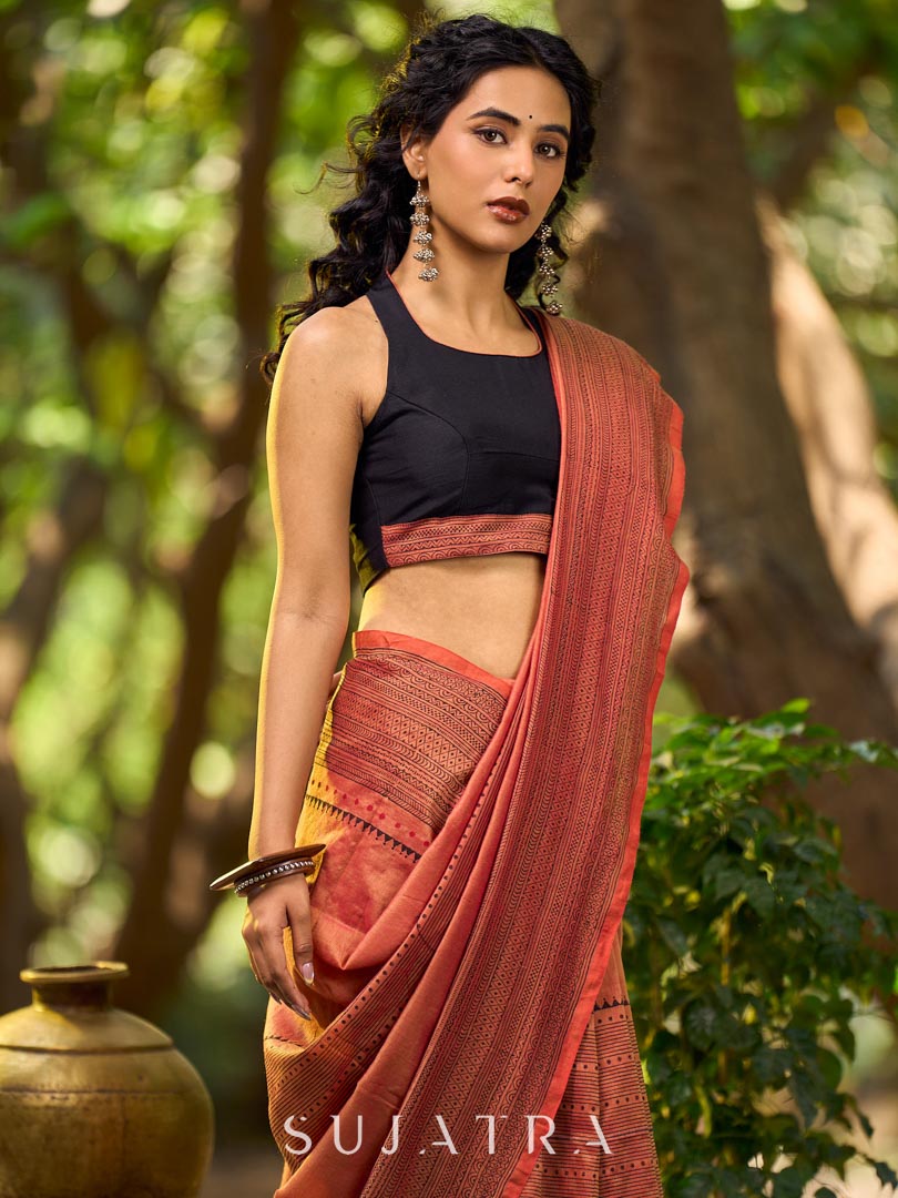 Contemporary Rust Cotton Saree with Traditional Hand Block Print Borders