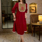 Luminous Crimson Cotton Flared Dress with Contrast Hand Block Printed Beige Yoke & Elasticated Puffy Sleeves