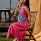 Rose Pink Pleated Wrap Dress with Embroidered Blue Panel
