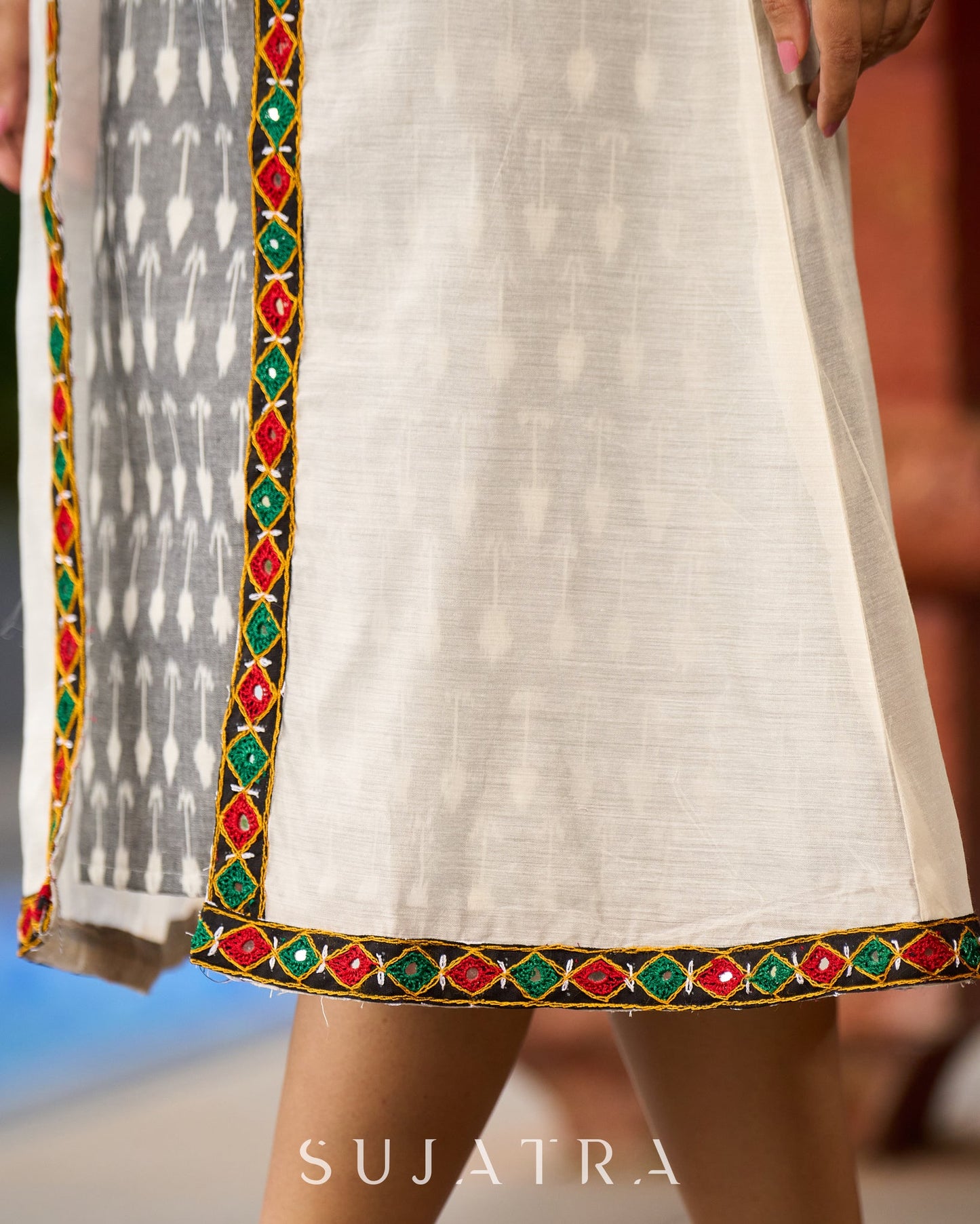Minimalist Grey Ikat Sleeveless Dress  - Mirror Work Jacket Additional