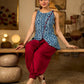 Elegant Indigo Geometric Cotton Top With An Asymmetrical Overlap Front and Maroon Highlights