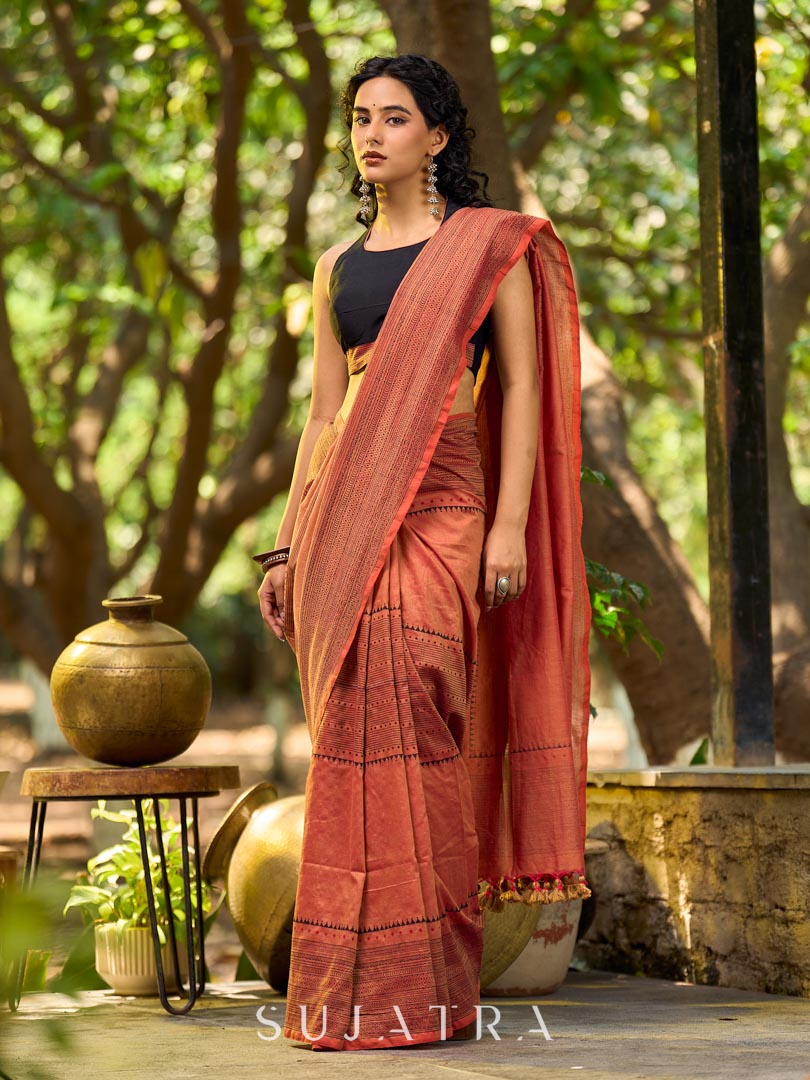 Contemporary Rust Cotton Saree with Traditional Hand Block Print Borders
