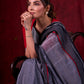 Grey Mul Cotton Saree with Checkered Border & Red Tassel Detailing