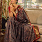 Flourishing Dark Grey All-Over Kalamkari Floral Chanderi Saree with Gold Woven Zari Border & Maroon Hem Accent