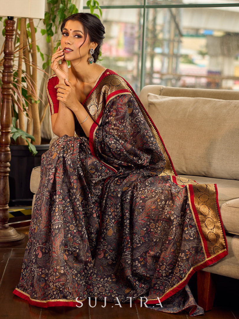 Flourishing Dark Grey All-Over Kalamkari Floral Chanderi Saree with Gold Woven Zari Border & Maroon Hem Accent