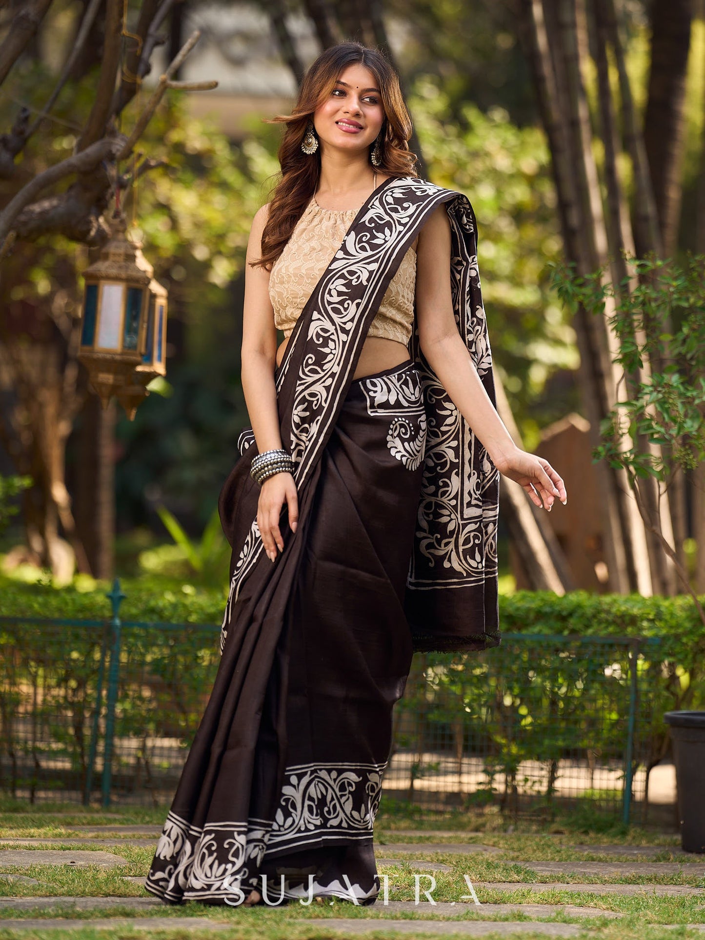 Timeless Dark Brown Pure Silk Hand Batik Saree with Bold Prints and Statement Borders