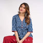 Indigo Floral Printed Summer Top with Contrasting Maroon Highlights