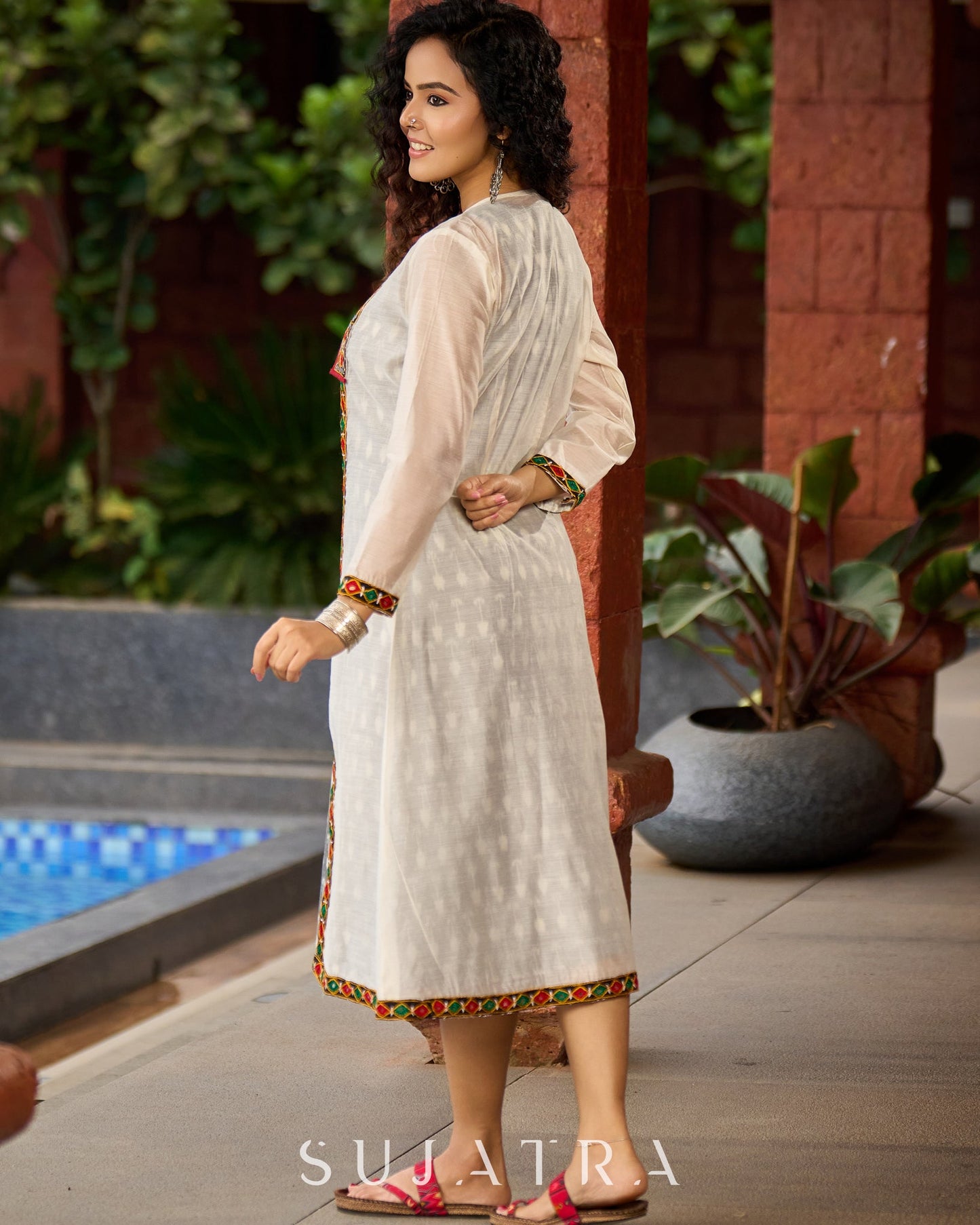 Minimalist Grey Ikat Sleeveless Dress  - Mirror Work Jacket Additional
