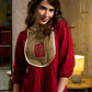 Luminous Crimson Cotton Flared Dress with Contrast Hand Block Printed Beige Yoke & Elasticated Puffy Sleeves