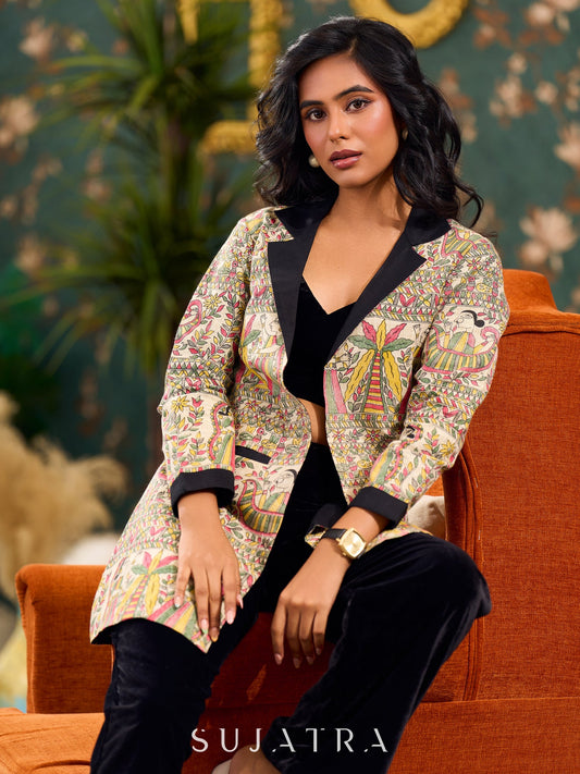 Madhubani Printed Jacket Elegantly Highlighted With Black Silk Collar, Cuffs, And Pockets