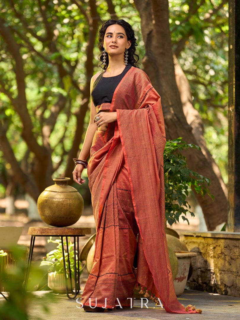 Contemporary Rust Cotton Saree with Traditional Hand Block Print Borders