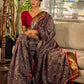 Flourishing Dark Grey All-Over Kalamkari Floral Chanderi Saree with Gold Woven Zari Border & Maroon Hem Accent
