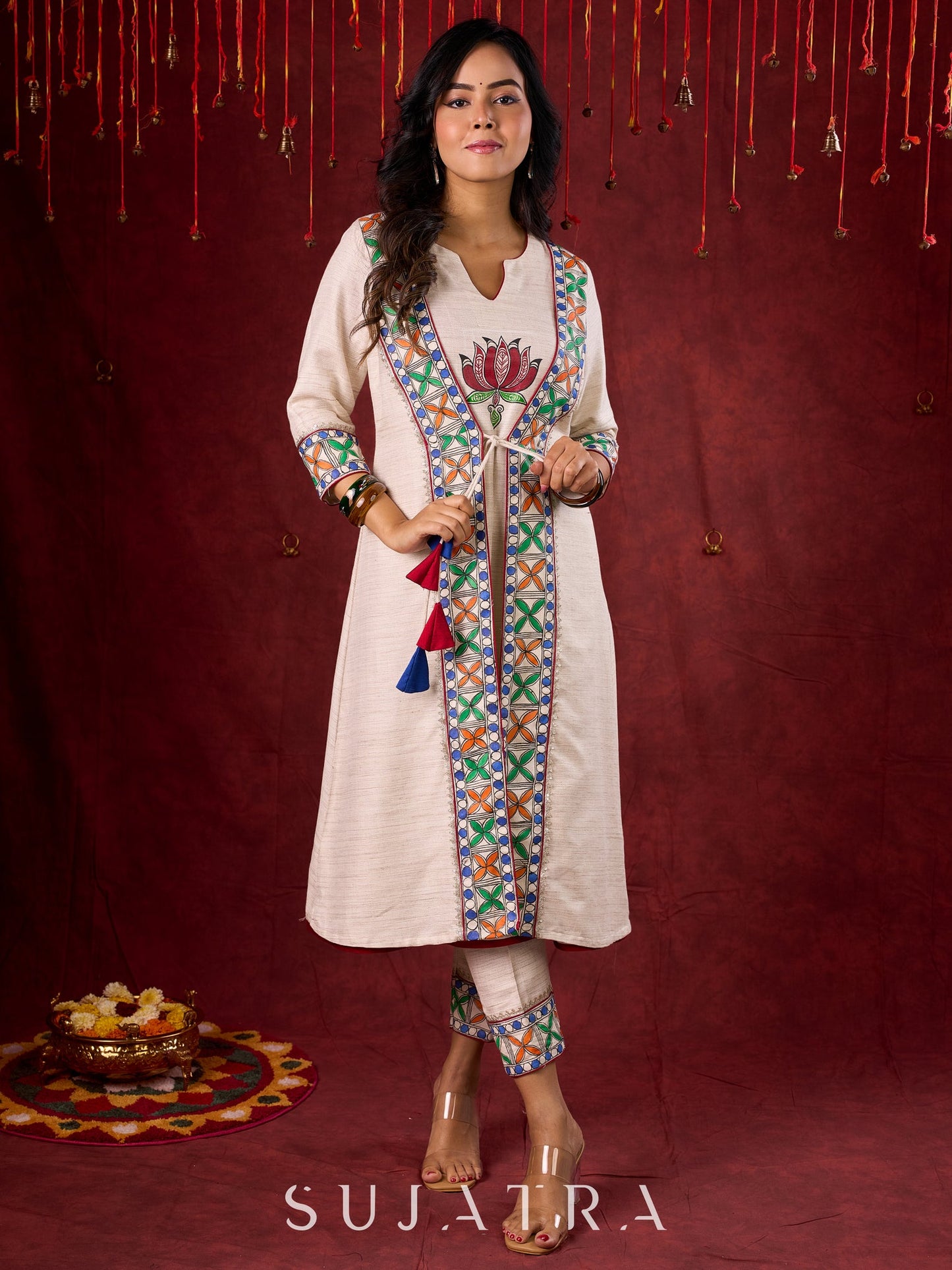 Ivory Handloom Jacket-Style Kurta with Hand Painted Madhubani & Gond Detailing